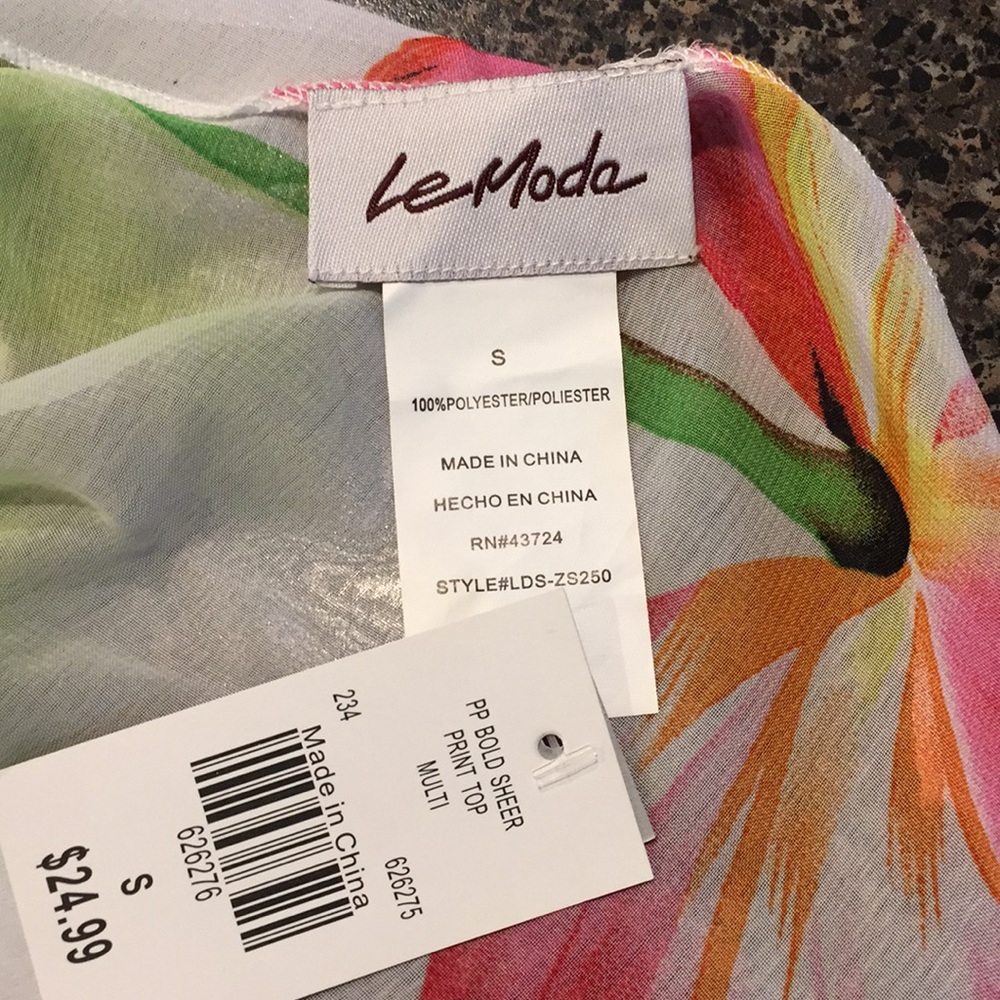 NWT Le Moda Sheer Floral Print Top Shirt 3/4 Sleeve Small - Picture 4 of 5